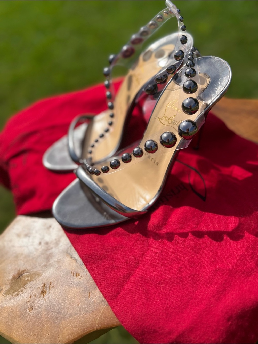 Christian Louboutin Silver Metallic and Clear Studded Stiletto Sandals - Picture 4 of 12
